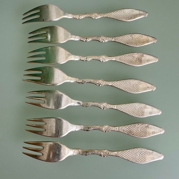 RARE VINTAGE PRIMA NS ALP Swedish Fish Fork set of 7 Sterling Silver Plated - Picture 4 of 11